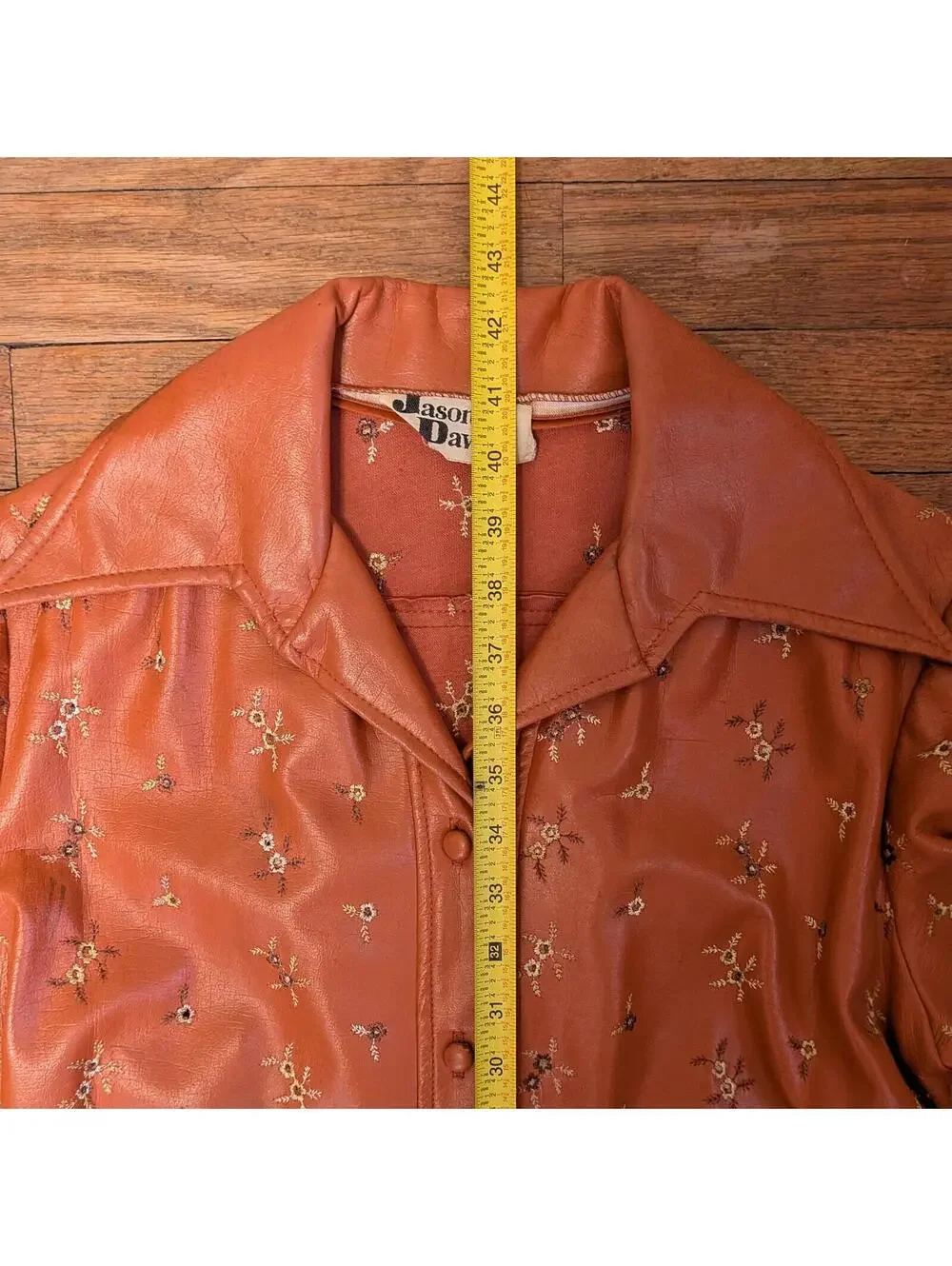 70s Jason David Terracotta Cognac Genuine Leather Embroidered Floral Belted Coat